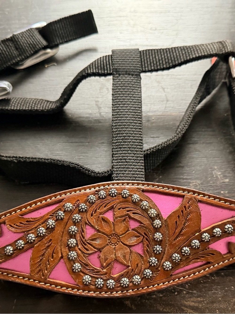 Black Adjustable Bronc Halter Leather Noseband with Pink